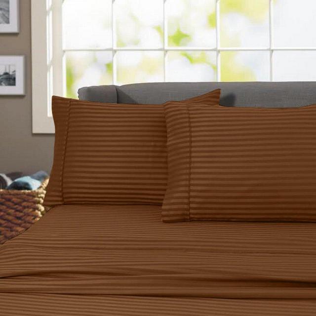 600 Thread Count 100% Cotton Wrinkle Free Striped Sheet Set (King, Brown)