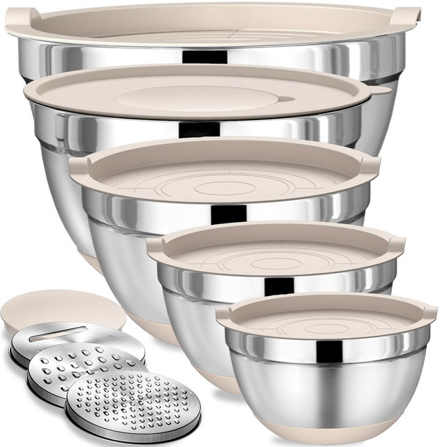 Itopfox Stainless Steel Mixing Bowls Set with Airtight Lids & Grater Attachments, Non-Slip Silicone Bottoms, Nesting Bowls for Mixing & Serving