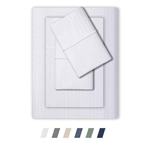 Feather & Stitch 500 Thread Count 100% Cotton Stripe Sheets + 2 Pillowcases, Soft Sateen Weave, Deep Pocket, Hotel Collection, Luxury Bedding Set (White, Queen)