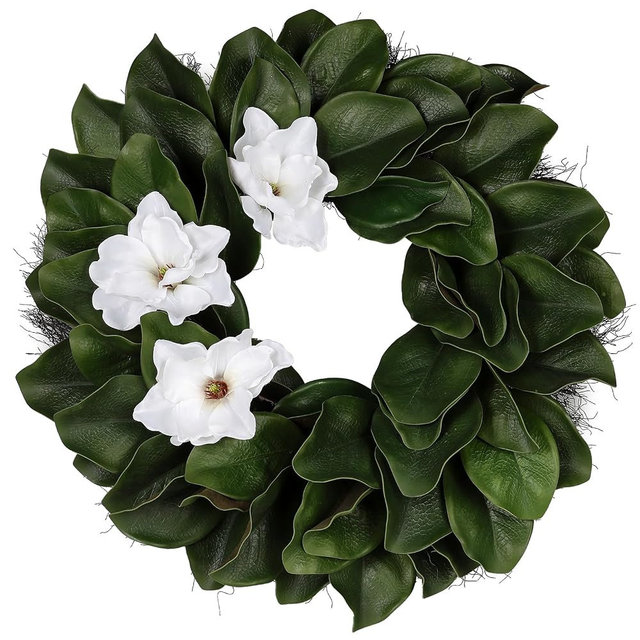 KuiMen 24 Inch Artificial Magnolia Wreaths, Green Leaf with Sash Ribbon | Front Door, All Season Farmhouse Decor, Indoor Outdoor, Wedding Holiday Housewarming Birthday Gift