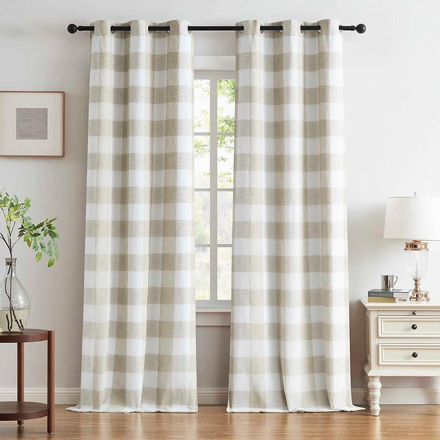 Buffalo Plaid Full Blackout Window Curtains 84 Inches Long Checkered Grommet Panels Farmhouse Geo Energy Efficient Drapes Noise Reducing Thermal Window Treatment Set for Bedroom Tan White,40"x84"x2