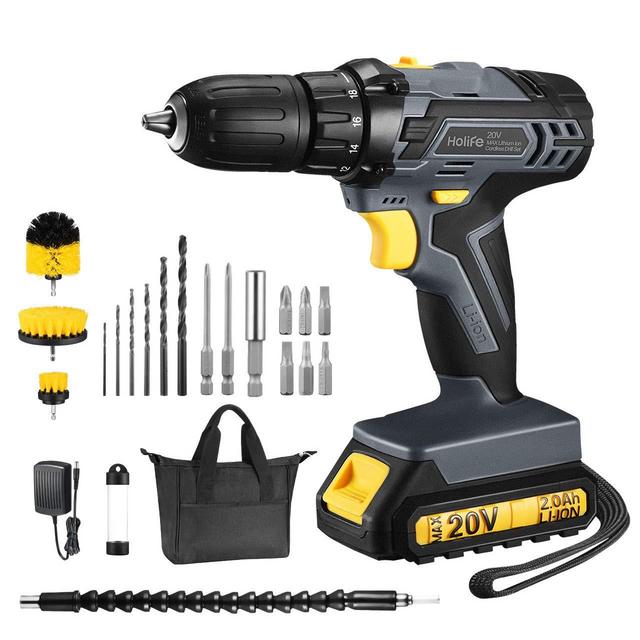 TOPELEK 20V Cordless Drill 2.0Ah Lithium-ion Battery Drill Driver, Drill Kit with 3 Drill Brushes, LED, 2-speeds, 18+1 Torque Settings, Portable Tool Bag, 22pcs Accessories