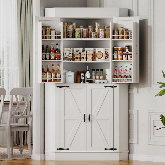 Gyfimoie Corner Cabinet,Kitchen Pantry Storage Cabinet,Freestanding Buffet Hutch with 4 Doors and Shelves,Tall Food Pantry Farmhouse Furniture with Side Rack for Kitchen Dining Room (White)