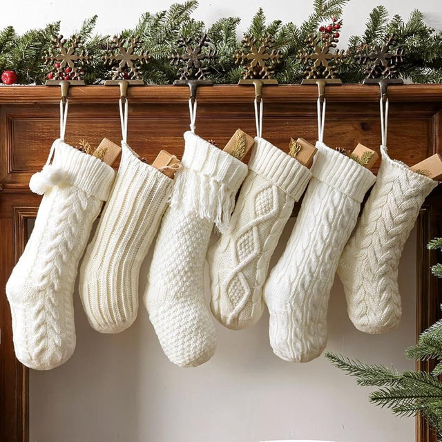 Christmas Stockings: 6 Pack Cream & White Cable Knit Patterns Fireplace Stockings, Rustic Hanging Xmas Stockings Farmhouse Boho Beige Knitted Stocking Decorations for Family Holiday Decor