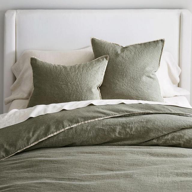 Belgian Linen Contrast Duvet Cover, Full/Queen, Loden/Flax