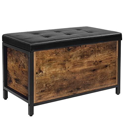 VASAGLE Entryway Storage Bench, Flip Top Storage Ottoman and Trunk with Padded Seat, Bed End Stool, Hallway Living Room Bedroom, Supports 198 lb, Industrial, Rustic Brown and Black ULSC80BX