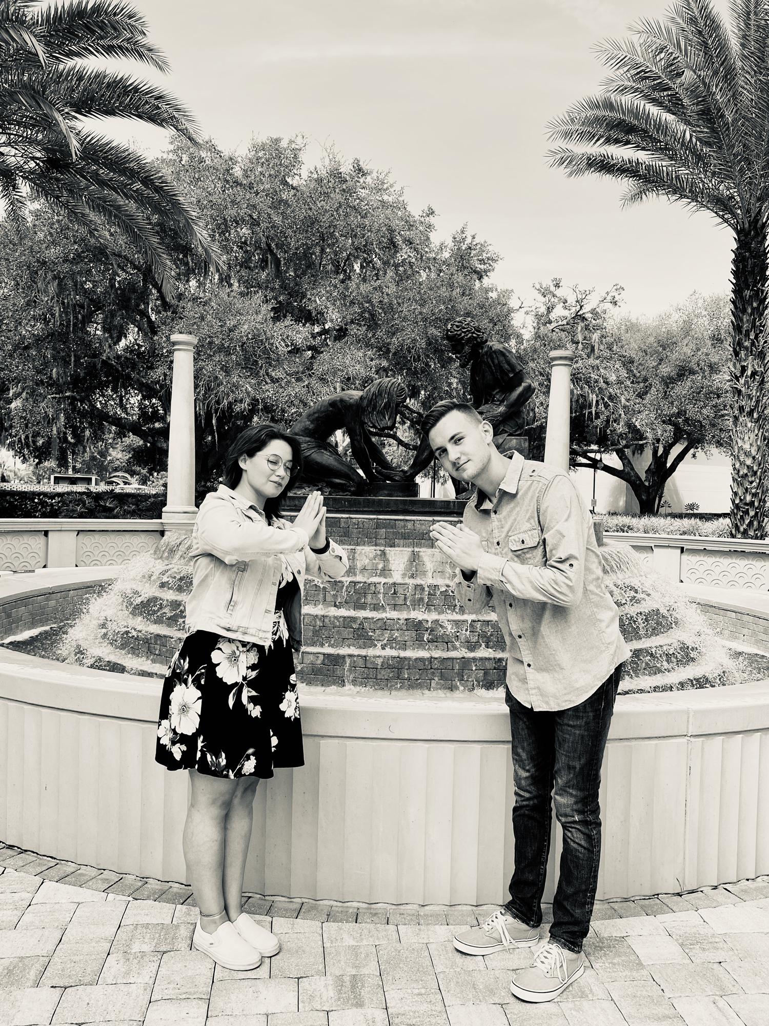2nd photo shoot, being goofy by our university's "Jesus fountain"