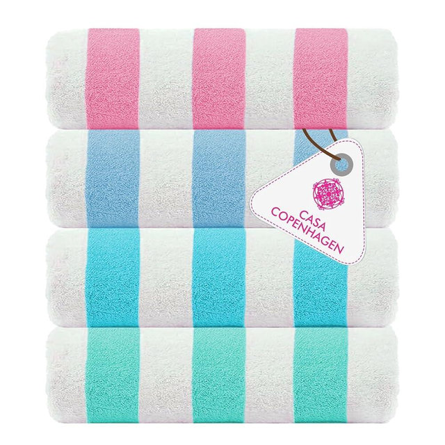 CASA COPENHAGEN Cabana Beach Towel Designed in Denmark Rough and Tough, Quick Dry, Beach, Pool, Bath & Shower 30x60 inches 4 Pieces Cotton Beach Bath Towels Set - Pink, Sky Blue, Water Blue, Teal