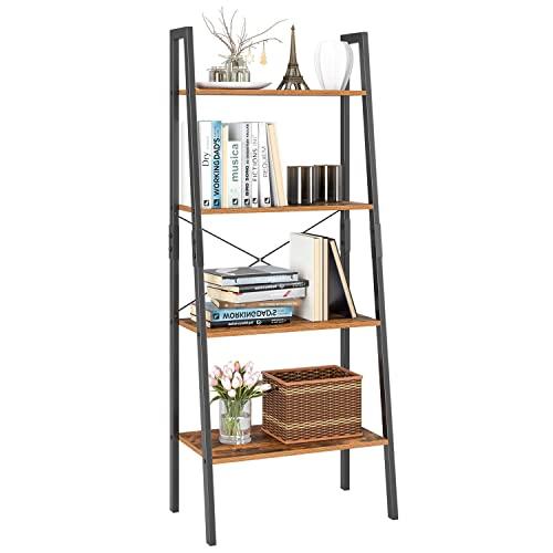 Homfa Ladder Shelf, 4 Tier Vintage Bookcase, Multipurpose Plant Flower Stand Bookshelf Storage Rack Shelves, Wood Look Accent Metal Frame Modern Furniture Home Office
