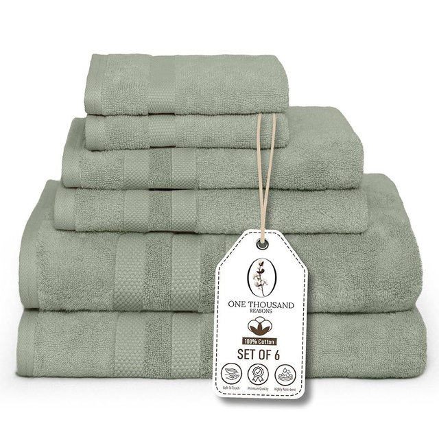 Premium Staple Cotton Bathroom Towel Set - Sage Green 600 GSM 6-Piece Luxury Bath Towel Set 3 Stripe - 2 Bath Towels, 2 Hand Towels & 2 Washclothes Set - High Absorbent & Quick Dry for Gym, Spa, Hotel