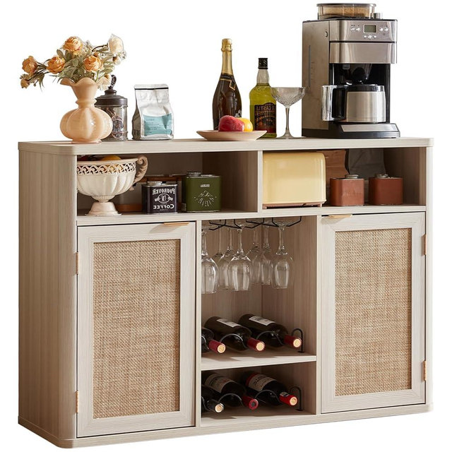 Lerliuo Rattan Wine Cabinet with 2 Doors, Boho Liquor Cabinet with Wine Racks, Farmhouse Coffee Bar Station for Living Room, Dining Room, Kitchen, Grey White