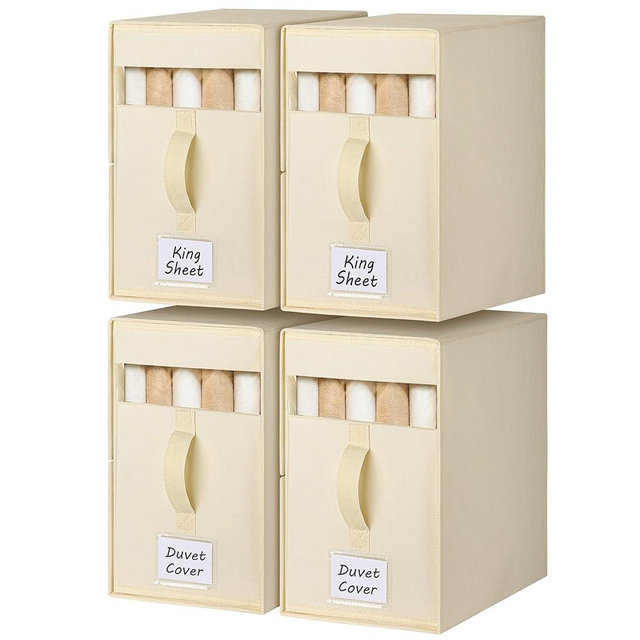 FGNTWP 4 Pack Bed Sheet Organizers and Storage, (King & Queen Size) Sheet Organizer for Linen Closet, Foldable Bedding Storage Box with Window for Bedsheets, Blanket, Duvet Cover and Pillowcase