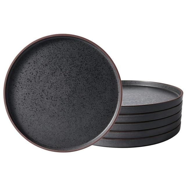 LERATIO Salad Plates,8.0 inch ceramic plates,Ceramic Salad Plates Set of 6,Modern Shape Dinnerware Dishes Set for Kitchen, Microwave & Dishwasher & Oven Safe,Matte Black with coffee rim