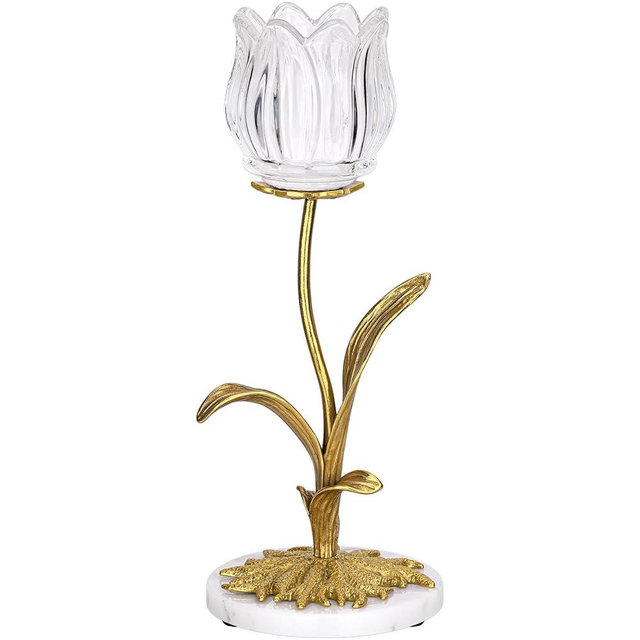 Anpdasi Candle Holder, Cut Rose Shaped Brass Candle Holder High-end Light Luxury Creative Art Crystal Glass Flower Candle Sticks Holder Decor Marble Disc Base Romantic Ambiance Table Decoration