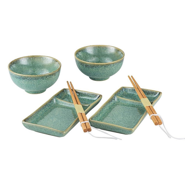 Ceramic Japanese Sushi Plates and Bowls Set for 2 | Includes 7 Inch Rectangle Sushi Serving Dish, 10 Oz Soup, Rice, Side Dishes Bowl and Chopsticks - Reactive Green