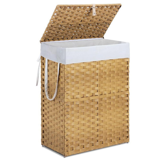 Sweetcrispy Foldable Laundry Hamper–Large Capacity Clothes Basket with Lid, 23.8 Gallon (90L) Bin for Bedroom, Bathroom, and Wash Room–Double Insert Storage Organizer, Goose Yellow