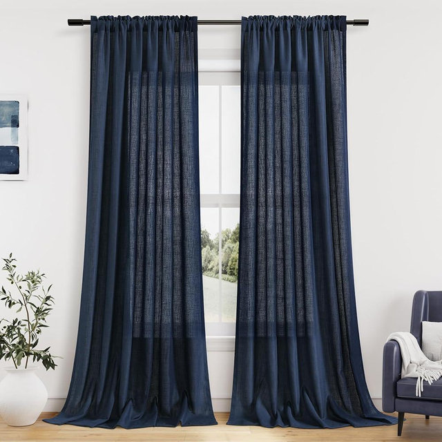 Guken Navy Blue Linen Curtains 120 Inches Long 2 Panel Set Rod Pocket Semi Sheer Dining Room Cozy Bedroom Decor Cotton Look Country Rustic Farmhouse Boho Curtains 52x120
