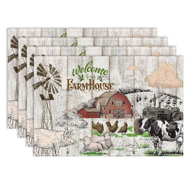 Rustic Farmhouse Placemats Set of 4, 12x18 Inch Farm Animal Cow Cottage Cabin Wooden Plank Country Style Holiday Table Mats for Party Kitchen Dining Decoration