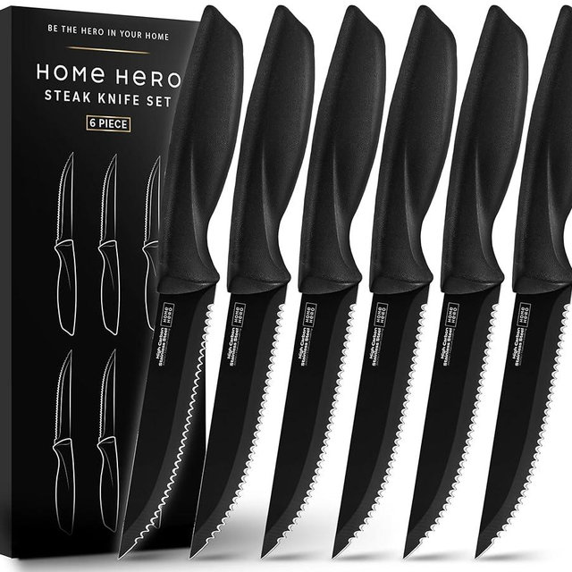 Home Hero 6 Pcs Steak Knives, Steak Knives Set of 6, Stainless Steel Steak Knife Set, Serrated Steak Knives (6 Pcs - Black)