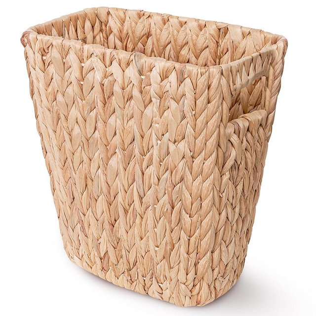 Wicker Trash Can Bathroom, Wicker Bathroom Trash Can with Built-in Handles, Handwoven Water Hyacinth Trash Can, Wicker Waste Basket For Bathroom, Office, Bedroom, Living Room, Small Space 1 Pack