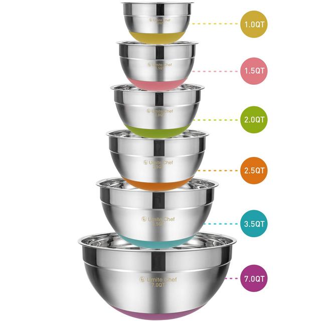 Stainless Steel Mixing Bowls Set of 6, Non Slip Colorful Silicone Bottom Nesting Storage Bowls by Umite Chef, Polished Mirror Finish For Healthy Meal Mixing and Beating (1,1.5, 2.0, 2.5, 3.5, 7 QT)