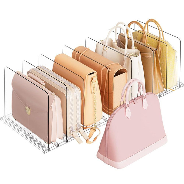 Criusia Adjustable Closet Purse Organizer Rack – 28.8" Extra-Long Shelf Divider with 6 Base Panels & 8 Dividers – Non-Slip Handbag Holder for Bags, Clothes, Kitchen, Office