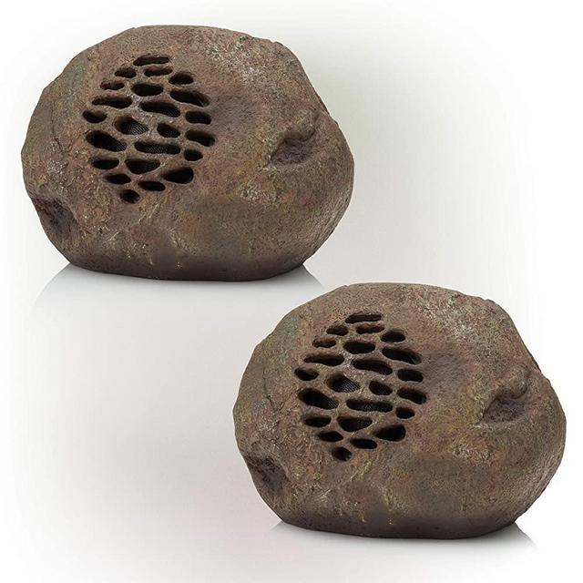 Alpine Corporation QLP952SLR-2 Alpine Waterproof Bluetooth Solar-Powered Outdoor Wireless Rock Speaker Set of 2, Brown