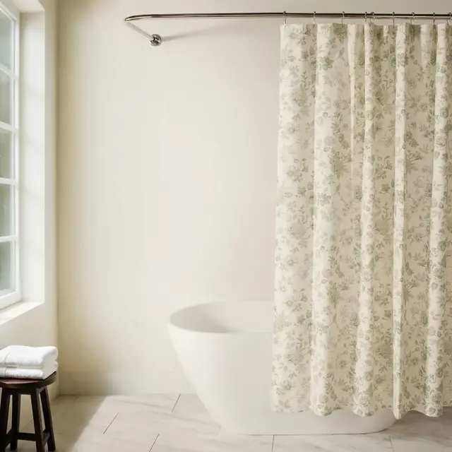Cotton Rich Printed Shower Curtain – 72x72 Washable Fabric, Modern Farmhouse Bathroom Decor - Becky Cameron, Vintage Floral Sage