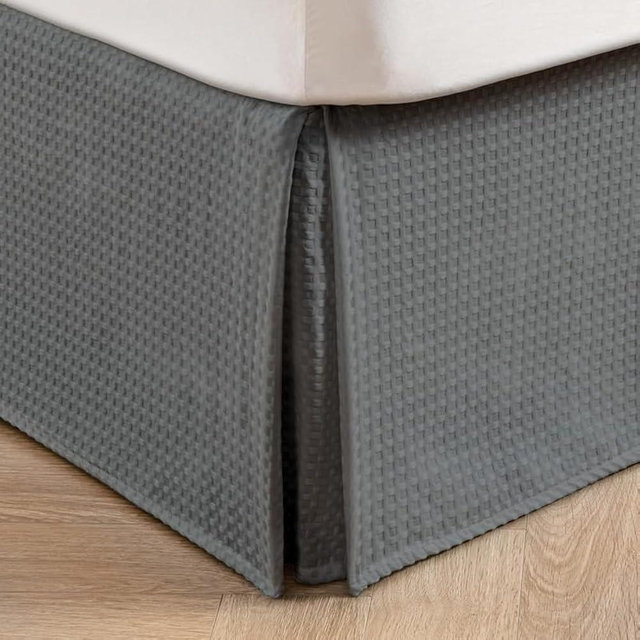 MIYE Pleated Waffle Weave Bed Skirt, Tailored Dust Ruffle 16 Inch Drop Easy Fit, Machine Washable (Dark Grey, Queen - 16" Drop)