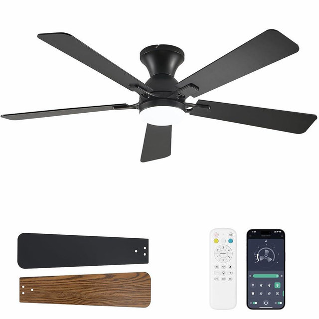 Dolavast Ceiling Fans with Lights, 52 Inch Low Profile Ceiling Fan with Light and Remote Control, Flush Mount, Reversible, 3CCT, Dimmable LED, Quiet, Black Ceiling Fan for Bedroom, Living Room