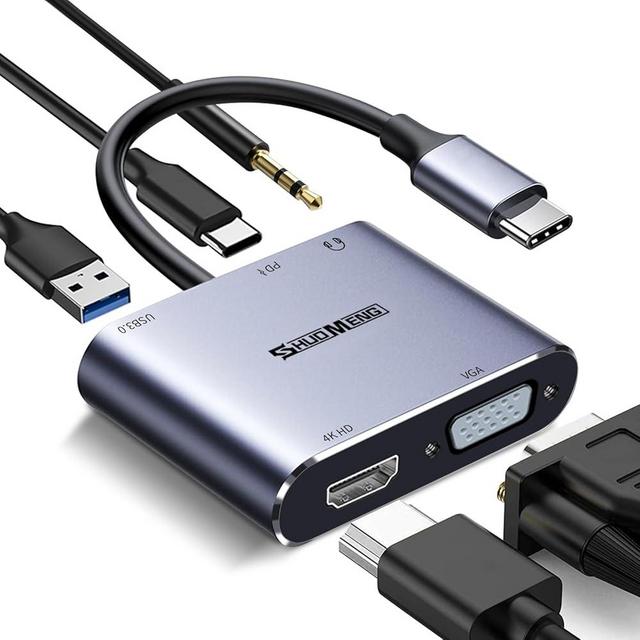 5 in 1 USB C Hub, type c to VGA HDMI MultiPort Adapter, 4K HDMI, VGA, 100W PD, USB3.0 port, Audio Jack, Compatible with Switch/Steam deck/Rog Ally/ iPhone 15 16/MacBook Pro/Air/ iPad Pro, iMac, S23