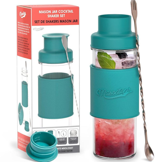 Masontops Cocktail Shaker Set – Glass Mason Jar Drink Shaker – 4 PC Set with Metal Swizzle Stick - Teal
