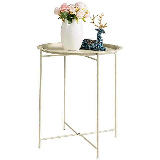 HollyHOME Folding Tray Metal Side Table, Sofa Table Small Round End Tables, Anti-Rust and Waterproof Outdoor or Indoor Snack Table, Accent Coffee Table,（H） 20.28" x（D） 18.11", Cream-Colour