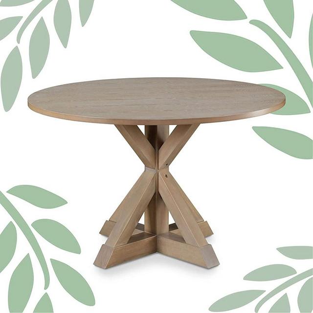 Finch Alfred Round Solid Wood Rustic Dining Table for Farmhouse Kitchen Room Decor, Wooden Trestle Pedestal Base, 47" Wide Circular Tabletop, Distressed Beige