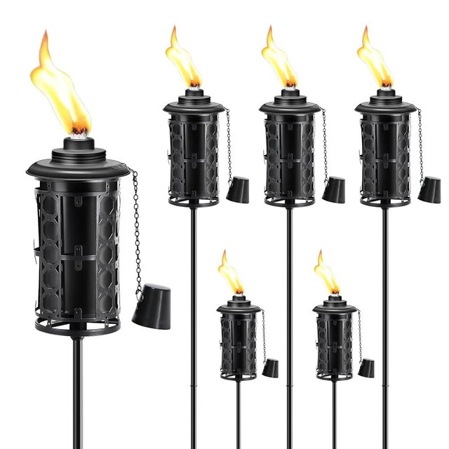 FAN-Torches 6-Pack Upgraded Home Garden Torch, Black Outdoor Metal Torch Garden Décor,59-Inch Citronella Torches with 3-Prong Grounded Stake, Light Torches for Party Patio Pathway (More Stable)