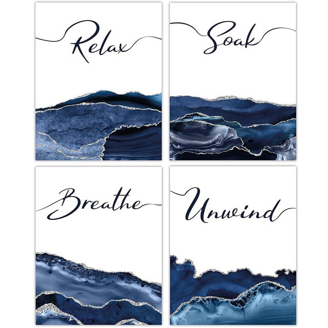 Bella and Bentley Novelty UNFRAMED CARDSTOCK PRINTS Navy Blue Bathroom Wall Art Decor - Set of 4 Unframed Prints (8x10 Inch) Relax, Soak, Breathe, Unwind