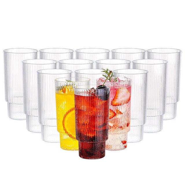 Hioasis 24pcs Clear Plastic Tumblers - 14oz Reusable Cups, BPA-Free & Dishwasher Safe for Beer, Iced Coffee, Juice, and Cold Drink