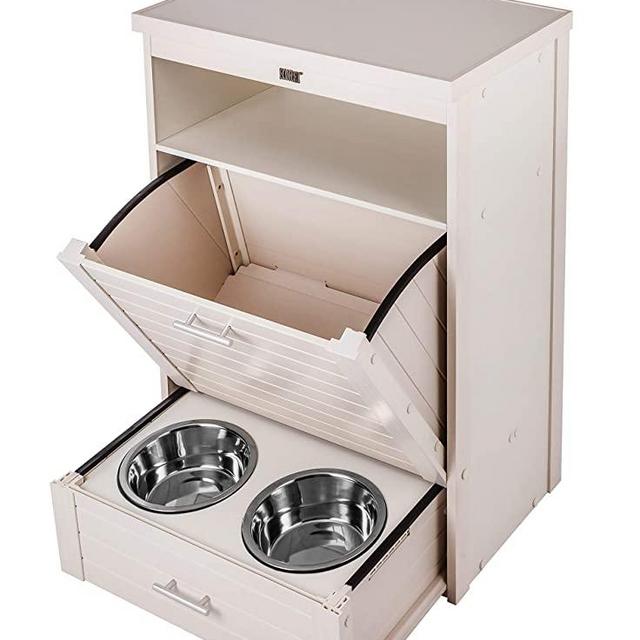 New Age Pet ecoFLEX Dog Food Pantry/Double Dog Bowl-Antique White