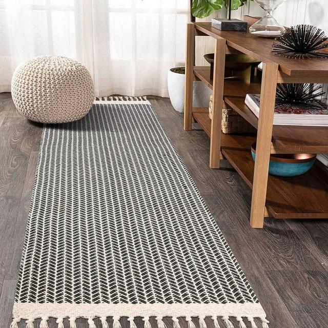 Lahome Boho Hallway Runner Rug, 2x6 Laundry Room Lightweight Entry Woven Cotton Throw Mat with Tassels, Farmhouse Non-Shedding Washable Grey Rug Low Pile Runner for Kitchen Bathroom
