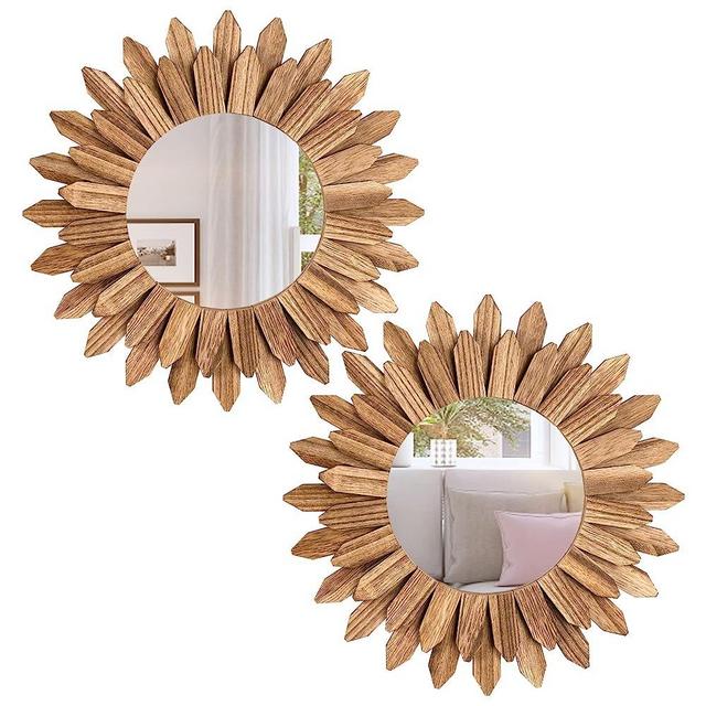 Honiway Boho Wall Decor Mirror 2 Pack Rustic Wood Mirror 12 inch Boho Mirror Home Decor Farmhouse Room Decorations for Bedroom Living Room Carbonized Black