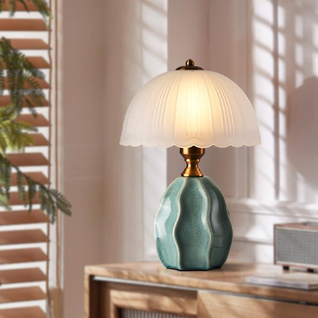 WOSBO Vintage Table Lamp, Green Ceramic Chinoiserie Lamp 14.2" Frosted White Wave Edge Lampshade Retro Traditional Table Light for Bedside Nightstand Living Room