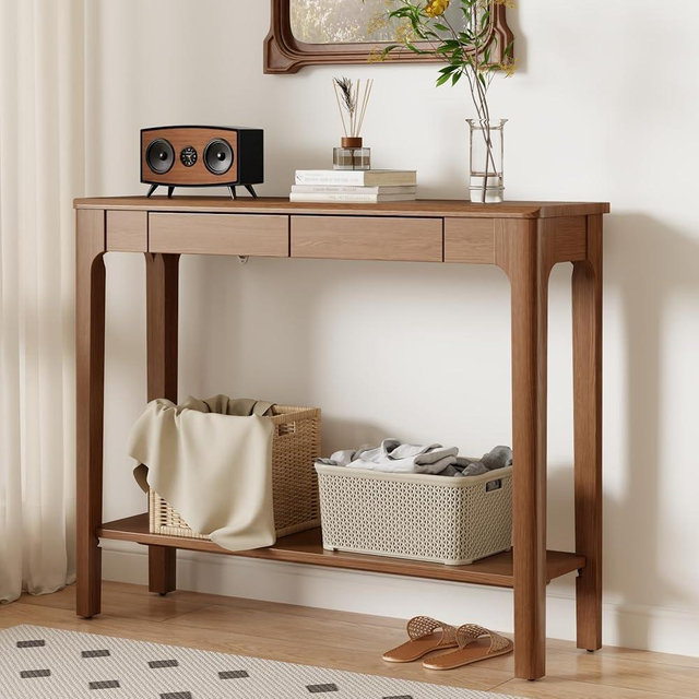 AQIMUELE Wood Console Table with Drawers, Mid Century Modern Console Table Walnut for Entryway, Living Room, Hall Way.