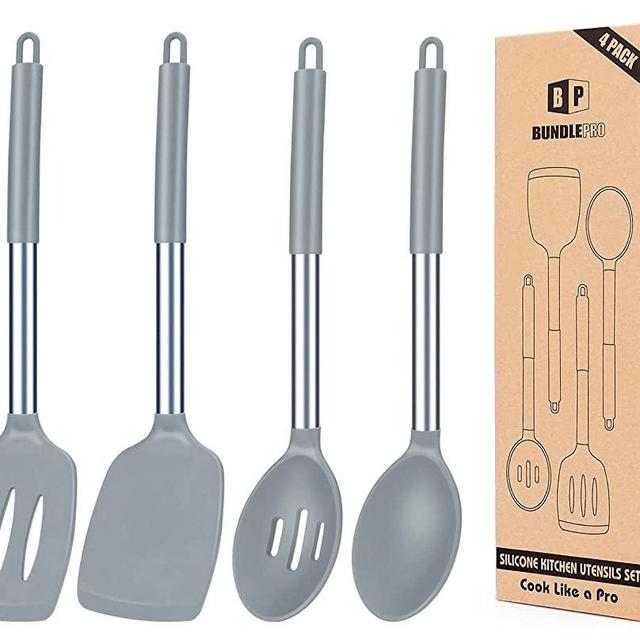 Pack of 4 Silicone Cooking Utensils Set, Non Stick Large Solid Spatulas, Heat Resistant Gray Slotted Spoons, Ideal BPA Free Kitchen Turners for Frying, Mixing,Serving,Draining,Turning,Stirring