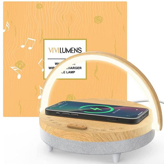 Vivilumens Bedside Table LED Night Light with Wireless Charger Bluetooth Speaker, Desk Lamp As Sleep Aid White Noise Machine Phone Holder, Great Gifts for Women(White Noise Upgrade)