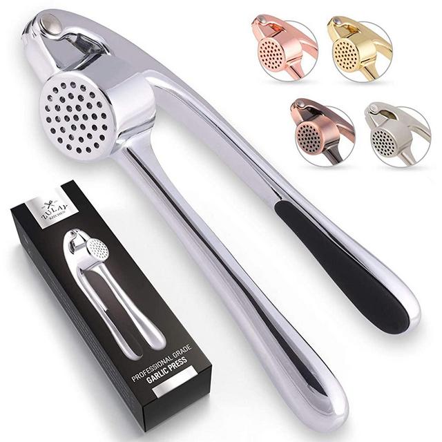 Zulay Premium Garlic Press - Soft Easy-Squeeze Ergonomic Handle, Sturdy Design Extracts More Garlic Paste Per Clove, Garlic Crusher for Nuts & Seeds, Professional Garlic Mincer & Ginger Press - Chrome