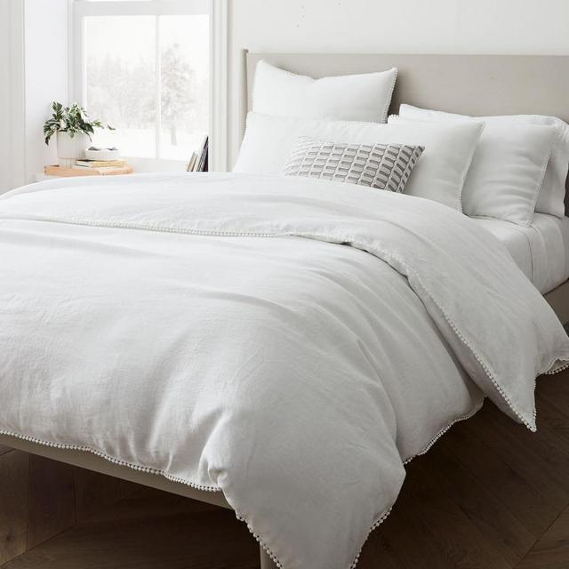 European Flax Linen Pom Pom Duvet, Full/Queen Set, White