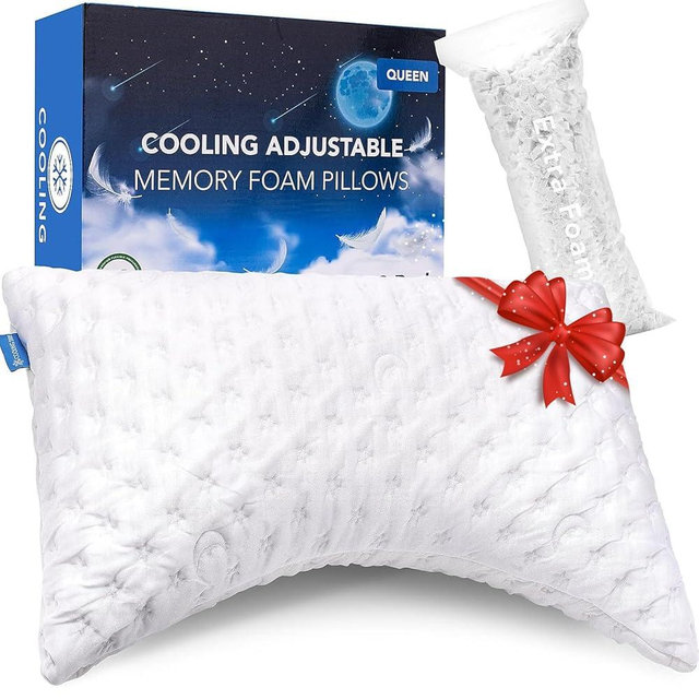 KUCEY Cooling Side Sleeper Pillow for Neck and Shoulder Pain, Luxury Shredded Memory Foam Curved Bed Pillows for Sleeping Set of 1- Adjustable Queen Size- Washable Cover Crescent White