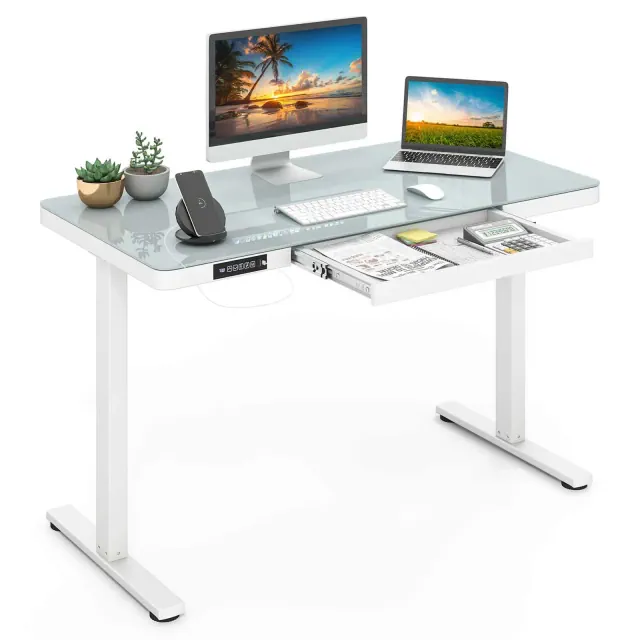 Costway 48" x 24" Whole-Piece Glass Standing Desk w/Drawers Writable Tempered Glass Top White