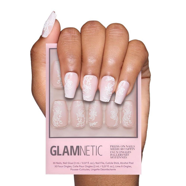 Glamnetic Press On Nails - Lace Blush | Spring Nails, Glossy, Matte, Opaque, Medium Coffin Fake Nails, with Lace Detailing, Salon Quality | 15 Sizes - 30 Nail Kit with Glue