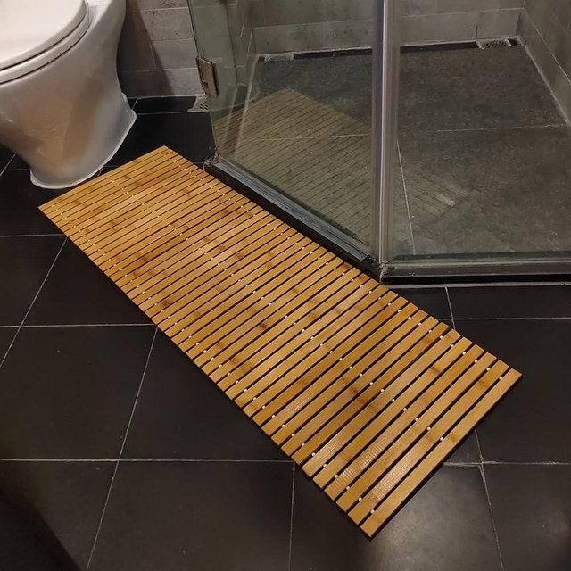 HJJKKH Bath Mat, Wooden Bathroom Mat Rayon Derived from Bamboo 47.2"x15.7", Rollable Non-Slip Floor Mat, Wooden Shower Mat for Bathroom, Bathtub, Spa, Sauna, Hot Tub & Outdoor Use